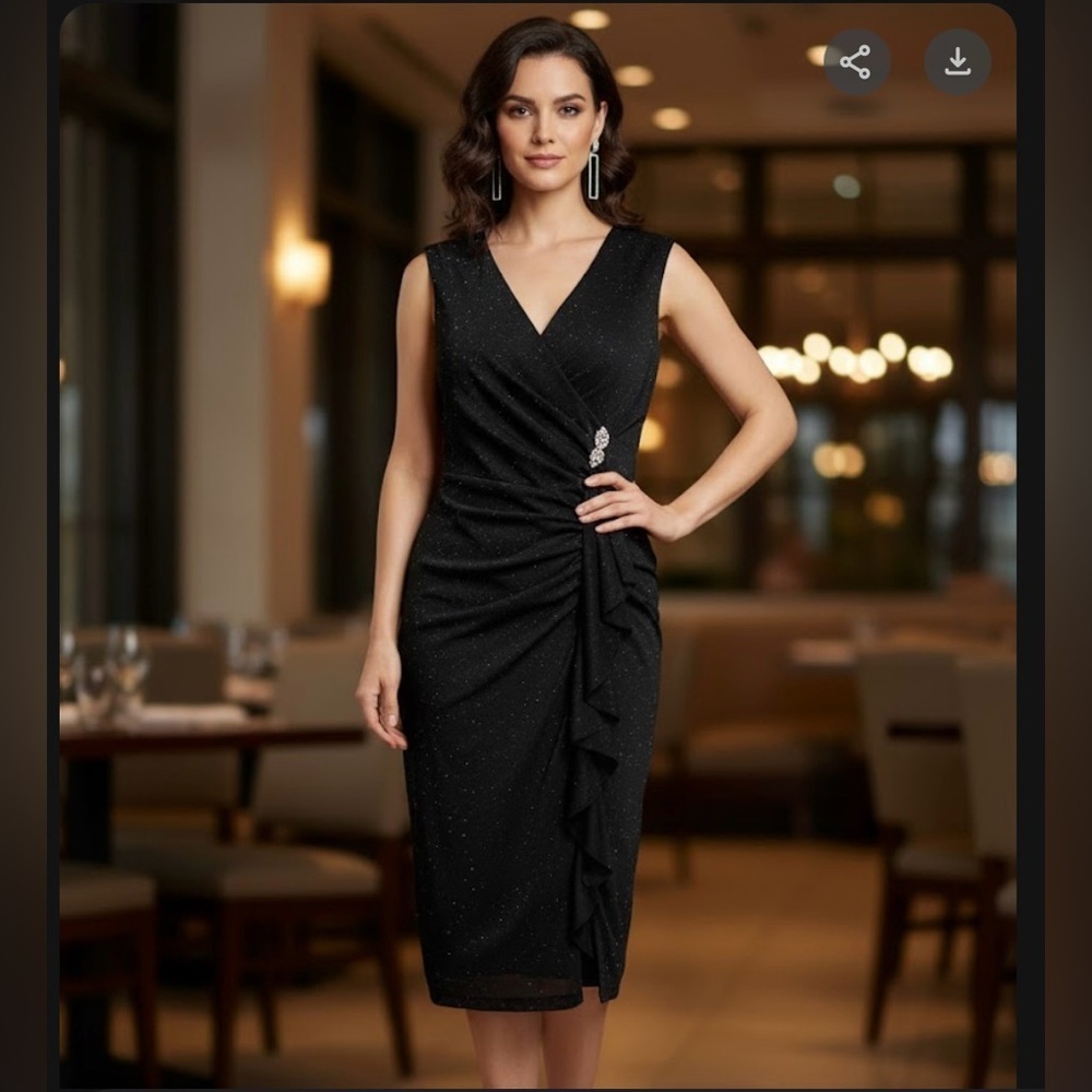 J. Taylor dress Chic Black Ruched Midi Dress with Pearl Detail A0138